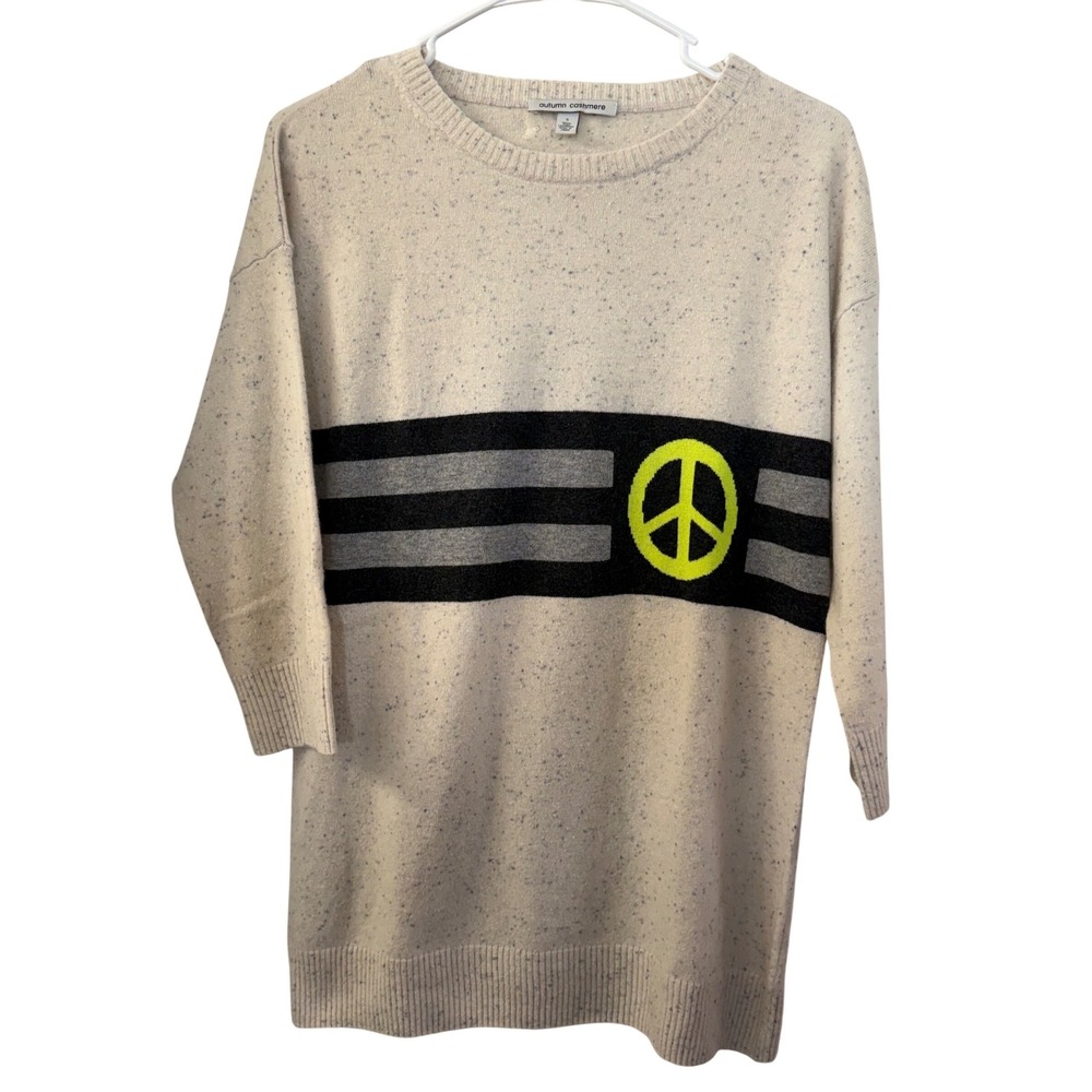 Autumn Cashmere Womens 100% Pure Cashmere Peace Sign Striped Sweater Cream Small